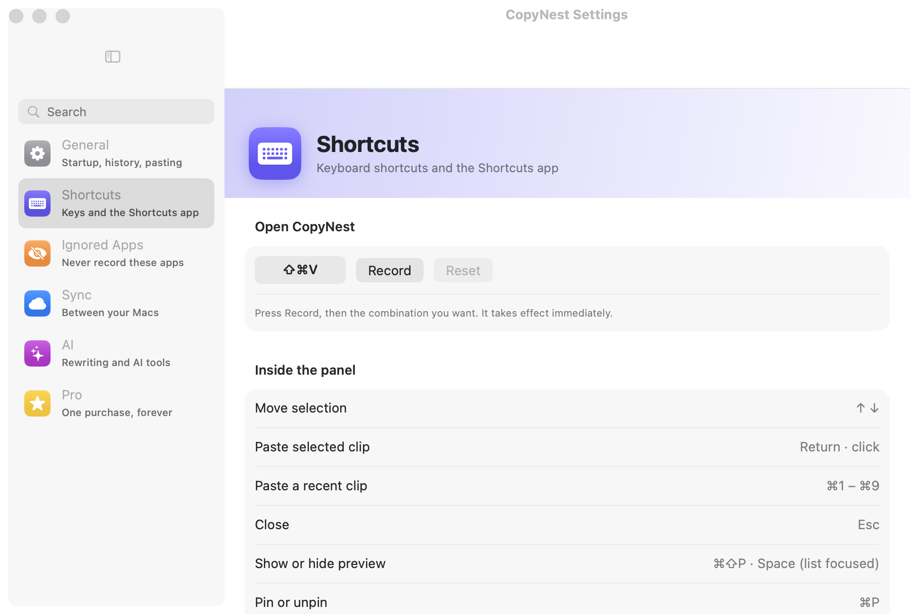 CopyNest's Shortcuts settings: the ⇧⌘V shortcut with a Record button, and the keys inside the panel — arrows to move the selection, Return to paste, ⌘1 to ⌘9 for a recent clip, Esc to close.