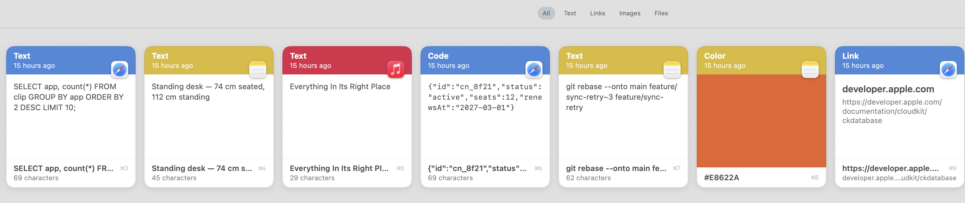 CopyNest's shelf: cards for a SQL query, a note about desk height, a song title from Music, a JSON payload, a git command, the colour #E8622A shown as a swatch, and a link to developer.apple.com — each labelled by kind and marked with the app it came from.